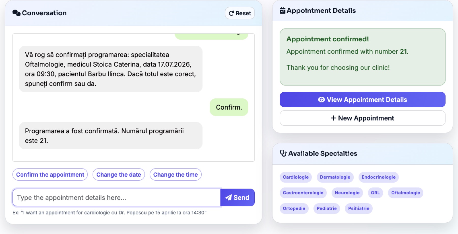 Assistant conversation confirming a medical appointment, with the extracted appointment details beside it
