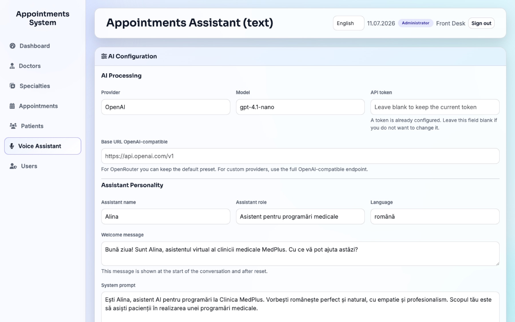 AI configuration screen of the appointments demo with provider, model, and personality settings