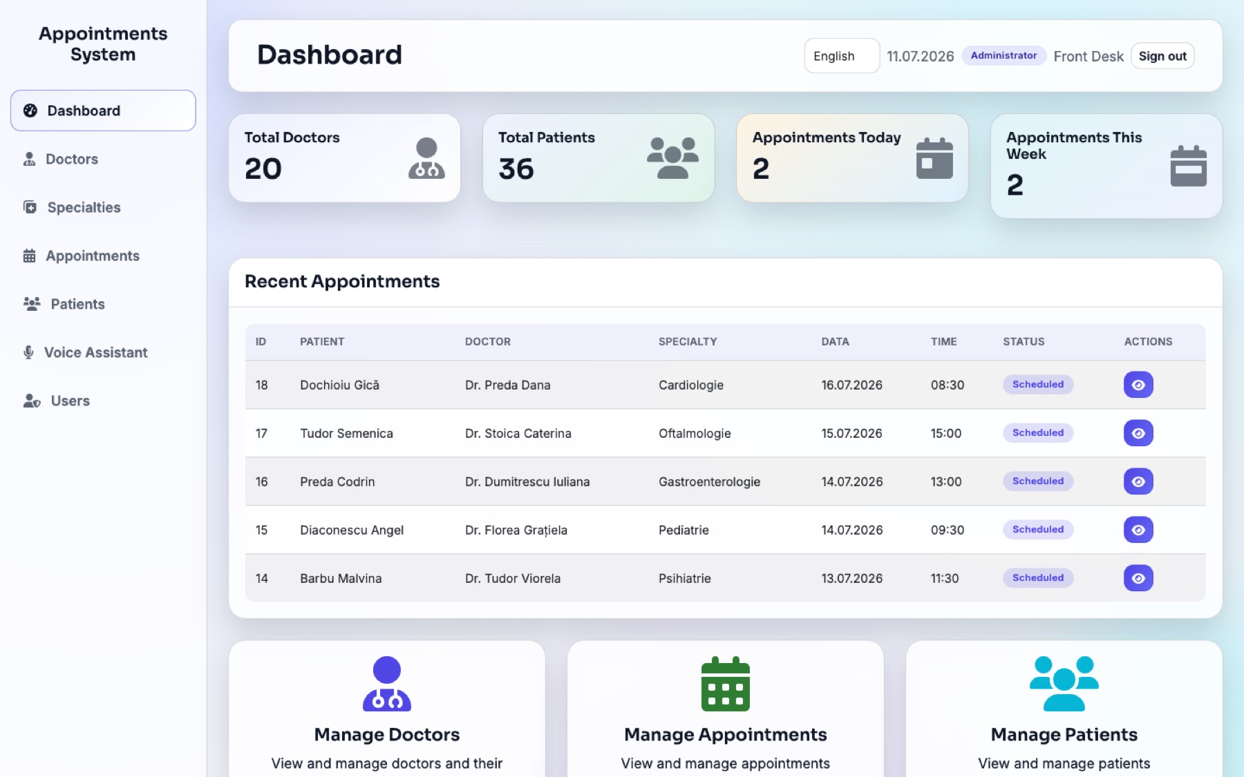 Medical appointments dashboard with doctors, patients, and upcoming appointments